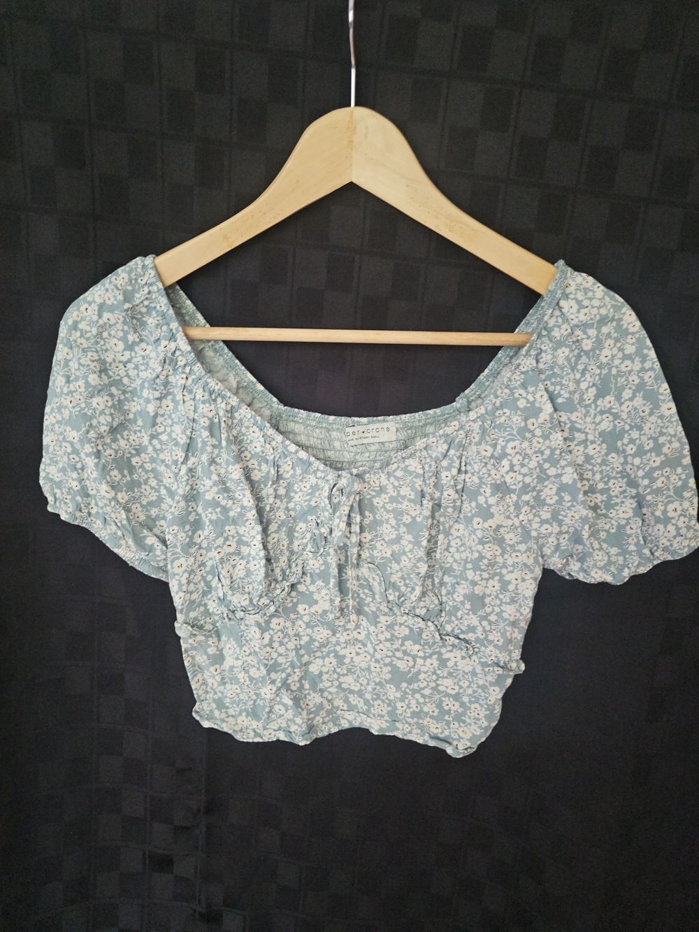 Paper Crane Blue Floral Puff Sleeve Crop Top Women's Size S Cottagecore Boho
